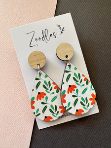 Zoodles Wooden Dangles - Orange Floral Teardrops