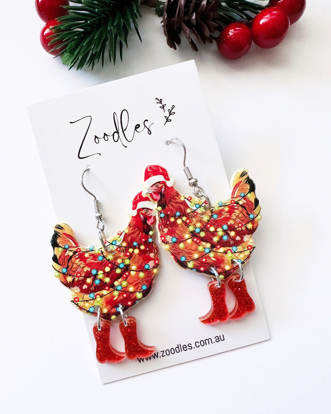 Zoodles Acrylic Hook Dangles - Festive Chicken in Christmas Lights & Boots