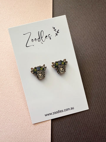 Zoodles Wooden Studs - Floral Highland Cow