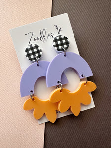 Zoodles Acrylic Statement Dangles - Lilac & Peach Gingham