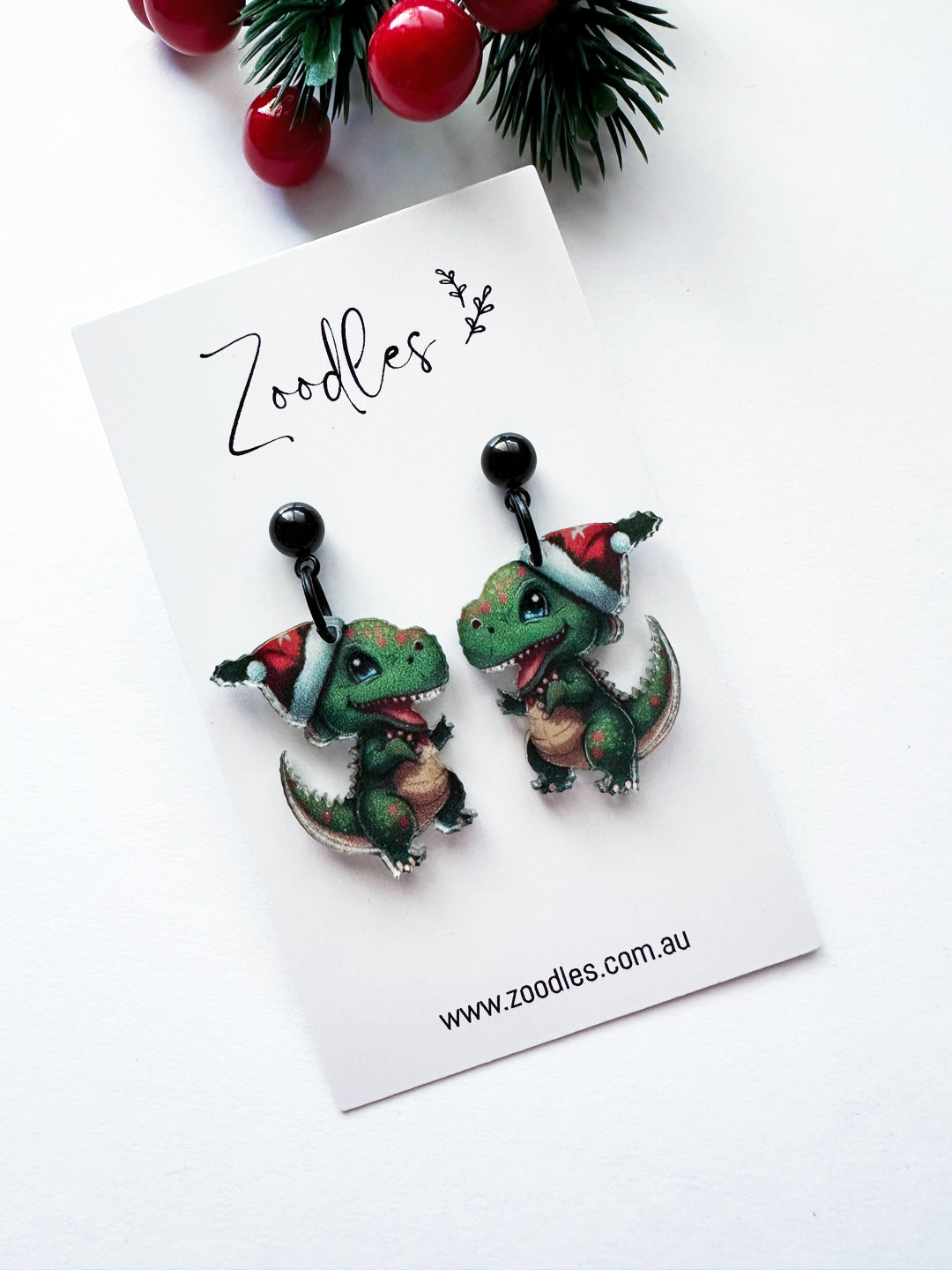 Zoodles Acrylic Dangles - Christmas Dinosaurs