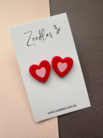 Zoodles Statement Studs - Pink & Red Hearts