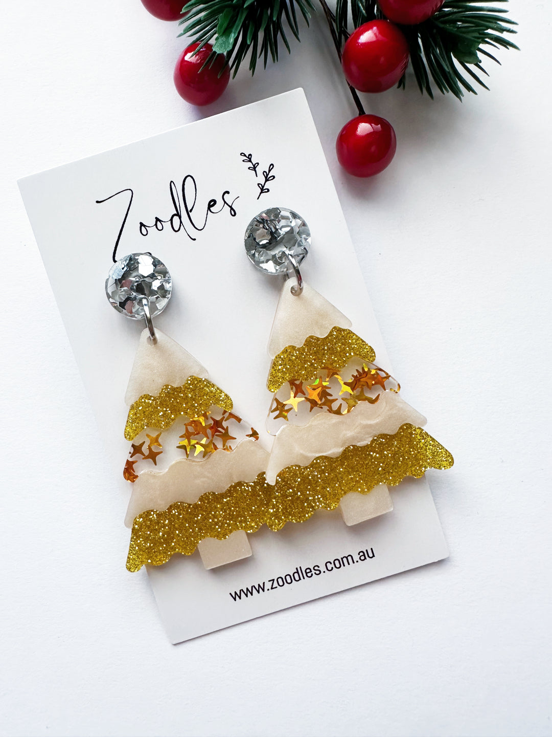 Zoodles Acrylic Dangles - Gold Glitter Christmas Tree