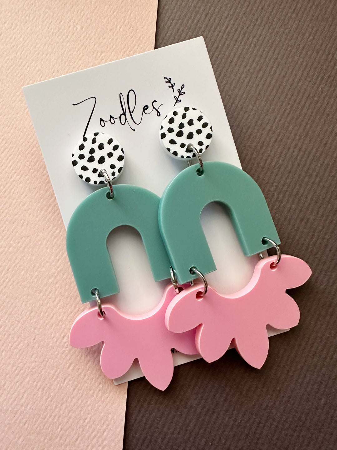 Zoodles Acrylic Statement Dangles - Pink & Teal Arch Spot