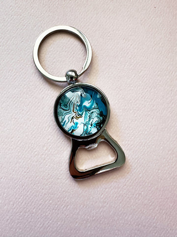 Zoodles Glass Dome Keyring with Bottle Opener - Teal Swirl