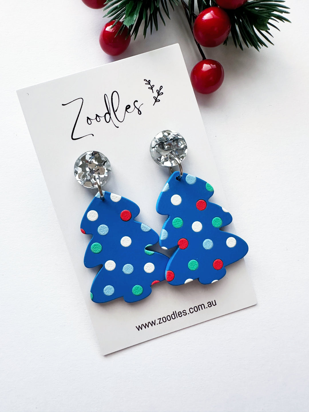 Zoodles Acrylic Dangles - Christmas Tree Blue Polka Dot