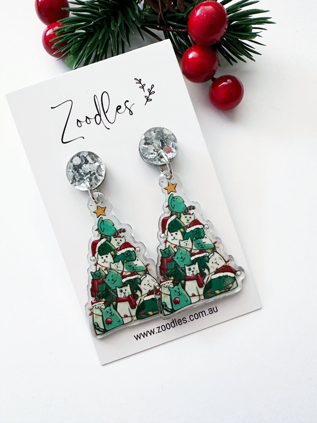 Zoodles Acrylic Dangles - Kitty Christmas Tree