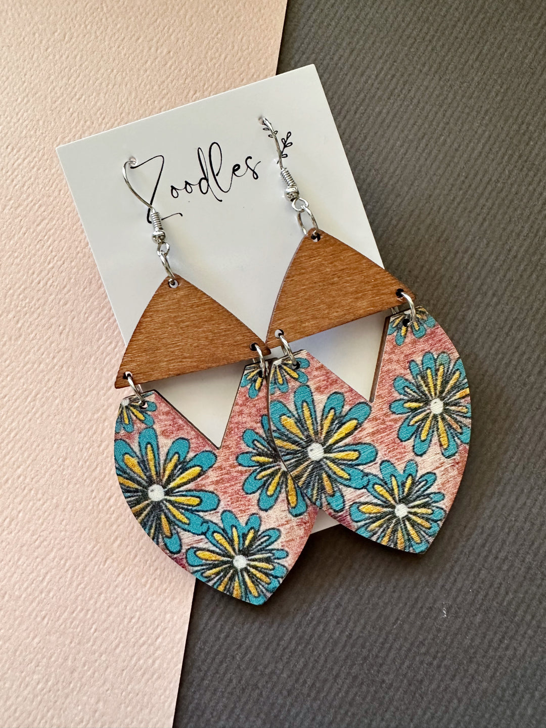 Zoodles Wooden Hook Statement Dangles - Flowers