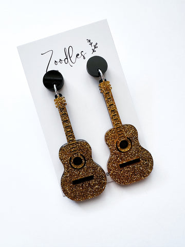 Zoodles Acrylic Dangles - Gold Glitter Guitar