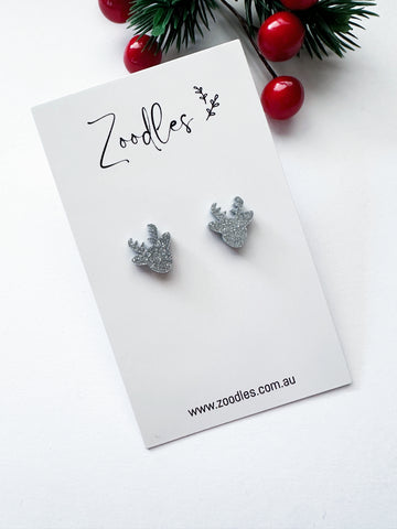 Zoodles Acrylic Studs - Silver Glitter Mini Reindeers