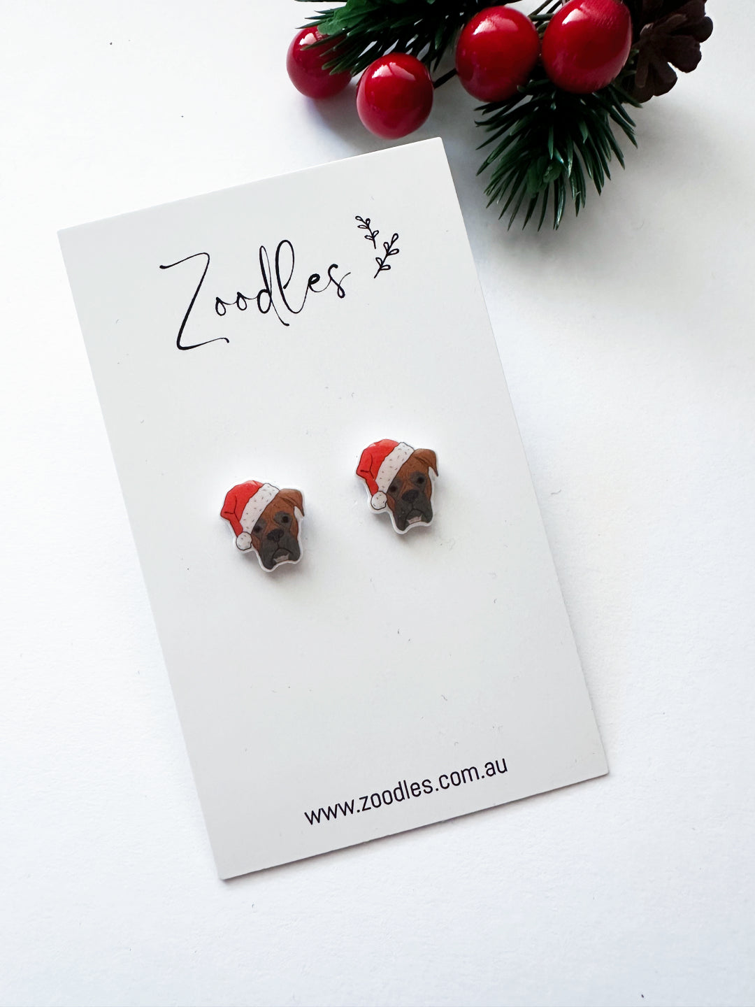 Zoodles Acrylic Mini Studs -  Boxer Dog in Santa Hat