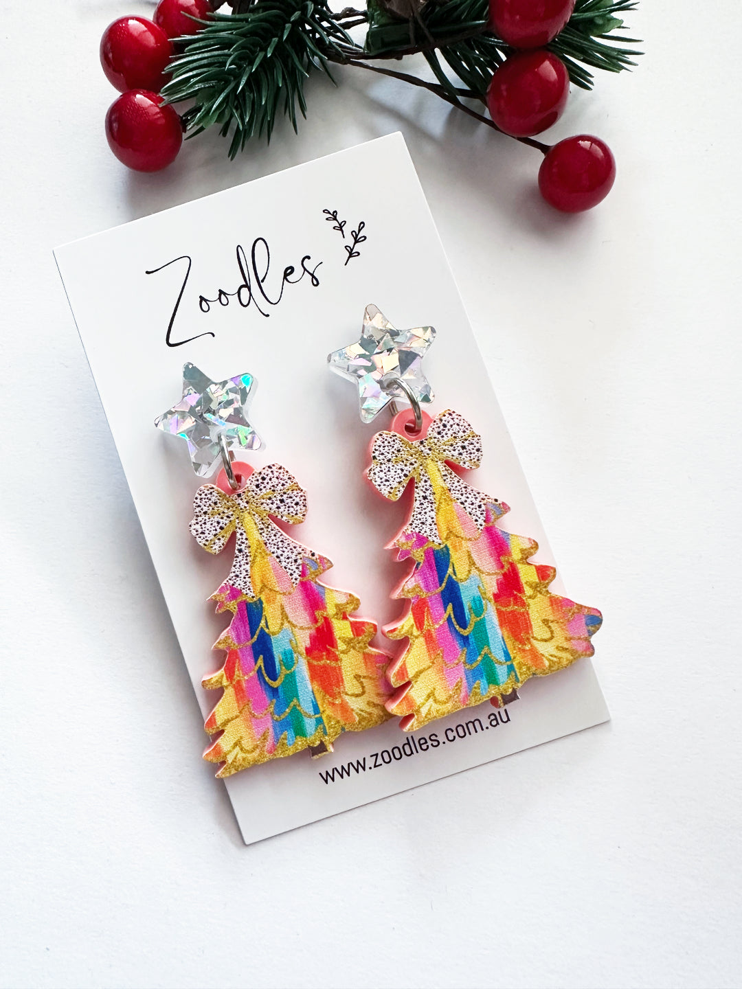 Zoodles Acrylic Dangles -  Rainbow Christmas Tree with Bow