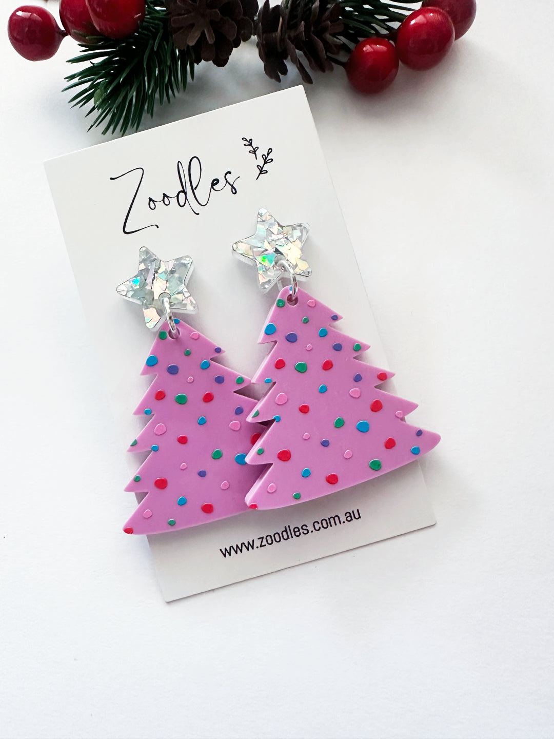 Zoodles Acrylic Dangles - Pink Party Pines Christmas Tree
