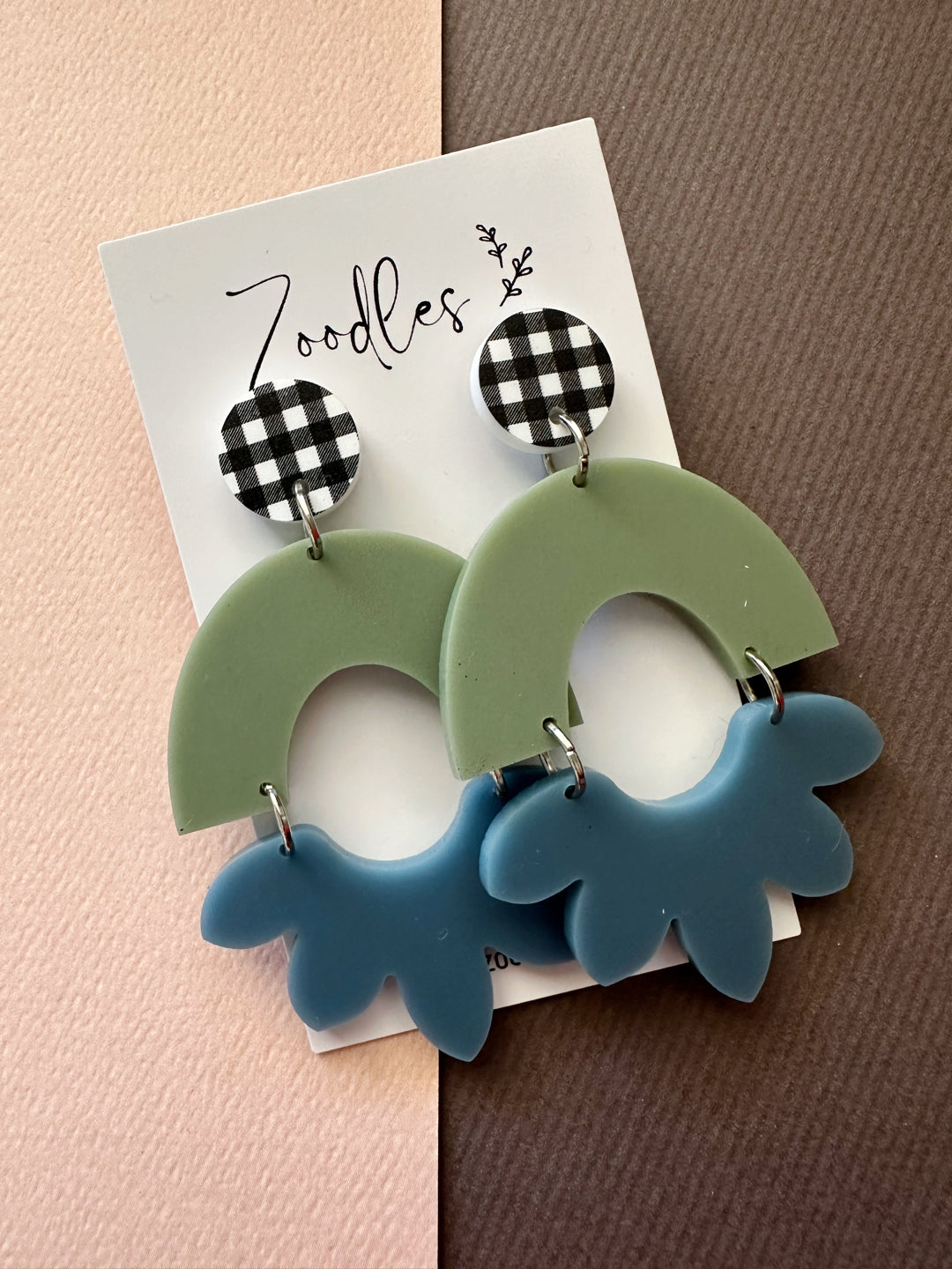 Zoodles Acrylic Statement Dangles - Olive & Bluestone Gingham