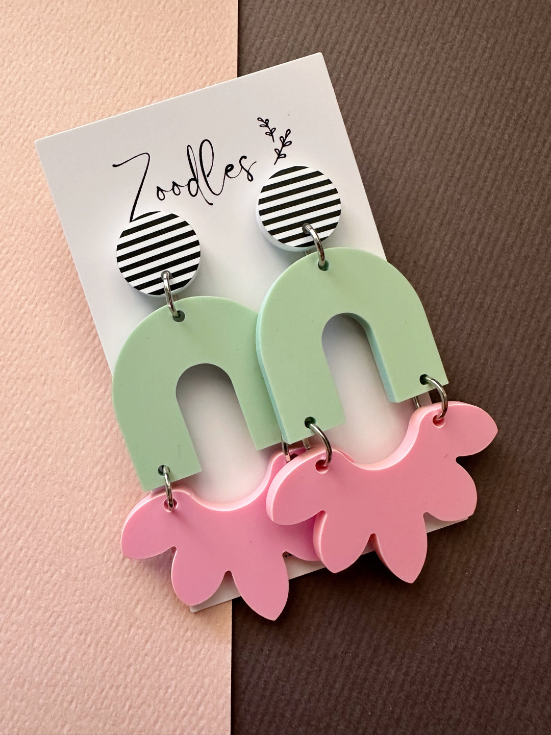 Zoodles Acrylic Statement Dangles - Pink & Mint Arch Stripe