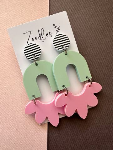 Zoodles Acrylic Statement Dangles - Pink & Mint Arch Stripe