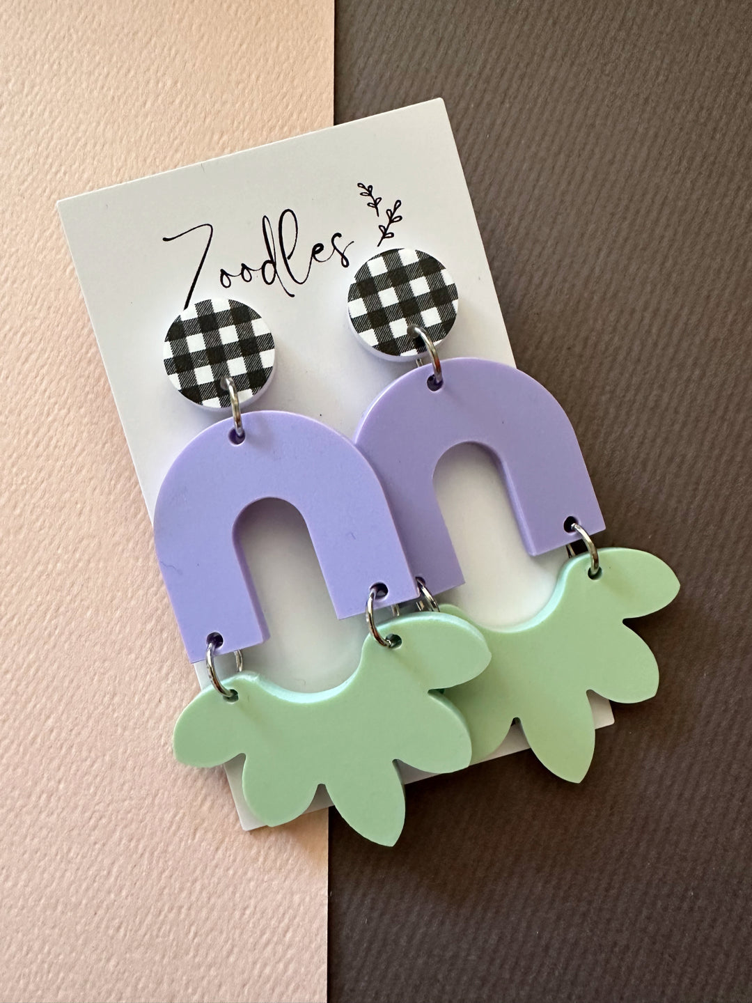 Zoodles Acrylic Statement Dangles - Lilac & Mint Arch Gingham