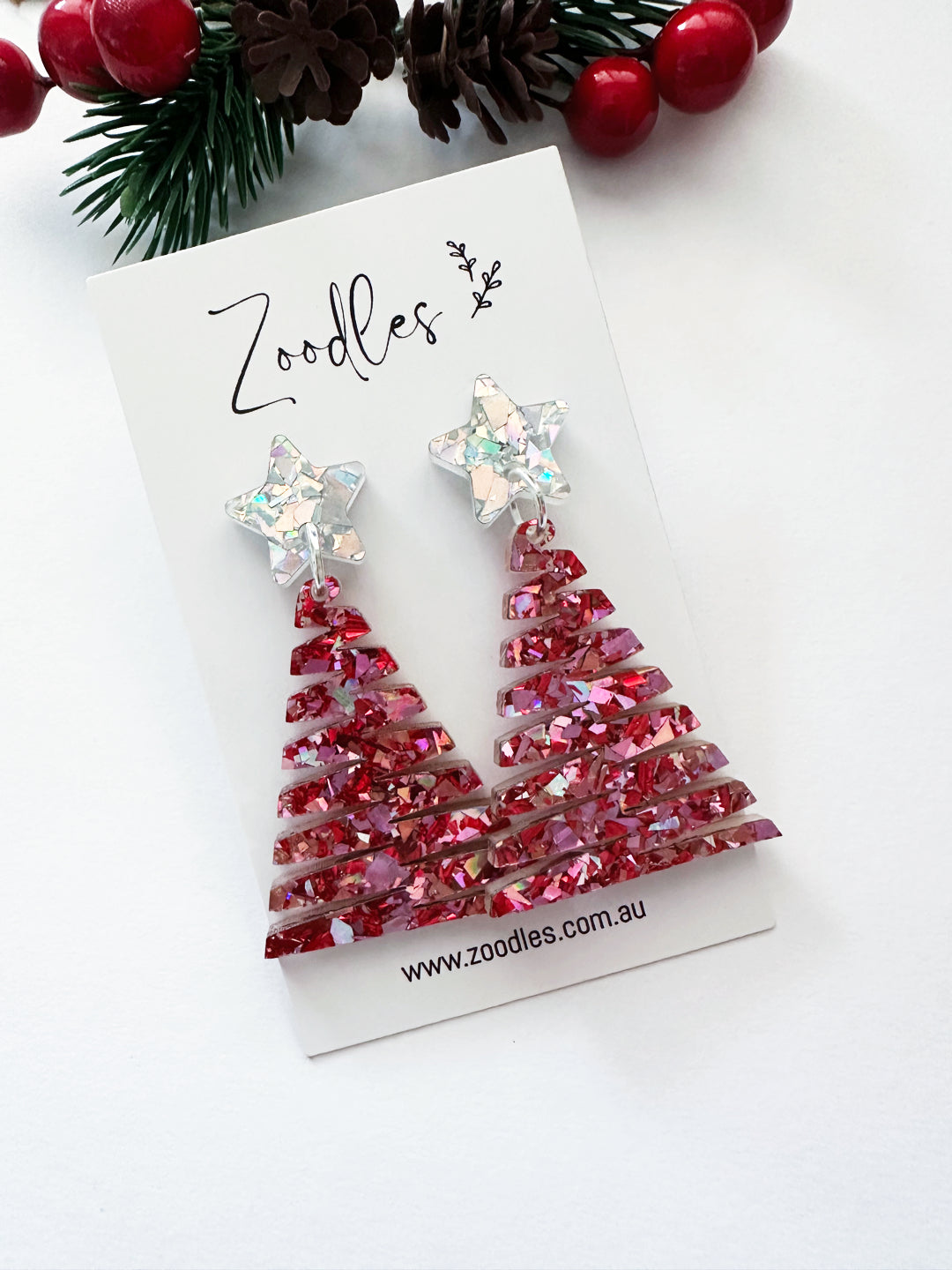 Zoodles Acrylic Dangles - Pink & Red Zig Zag Christmas Tree