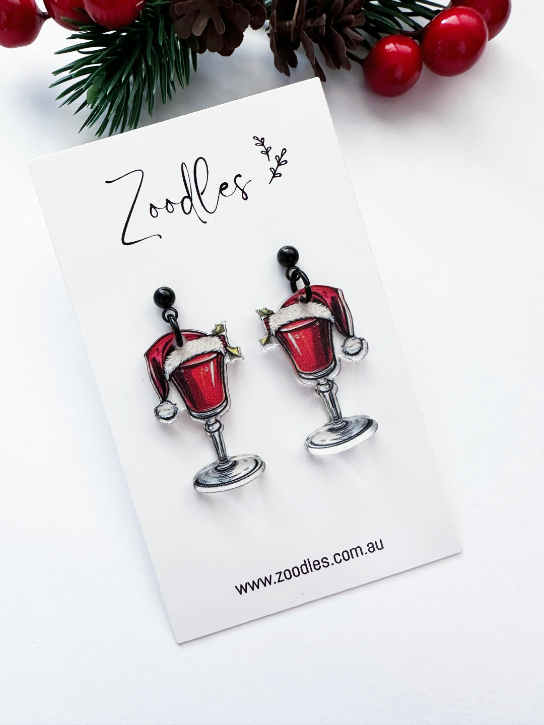 Zoodles Acrylic Dangles - Red Wine Santa Hats