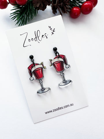 Zoodles Acrylic Dangles - Red Wine Santa Hats