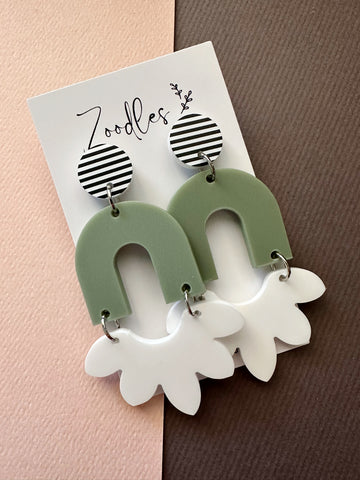 Zoodles Acrylic Statement Dangles - Olive & White Arch Stripe