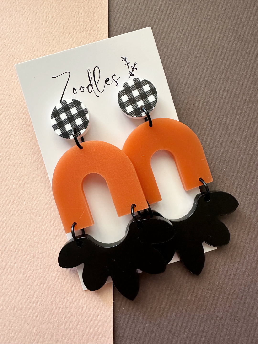 Zoodles Acrylic Statement Dangles - Burnt Orange & Black Arch Gingham