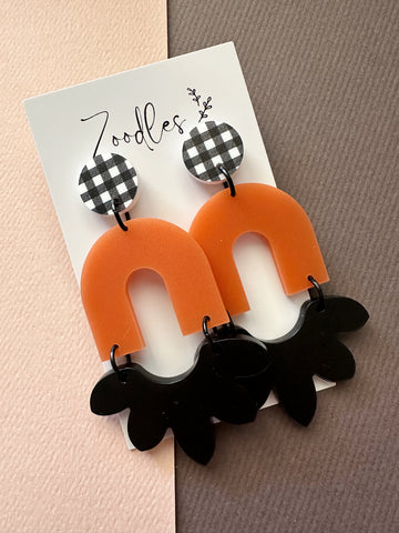 Zoodles Acrylic Statement Dangles - Burnt Orange & Black Arch Gingham