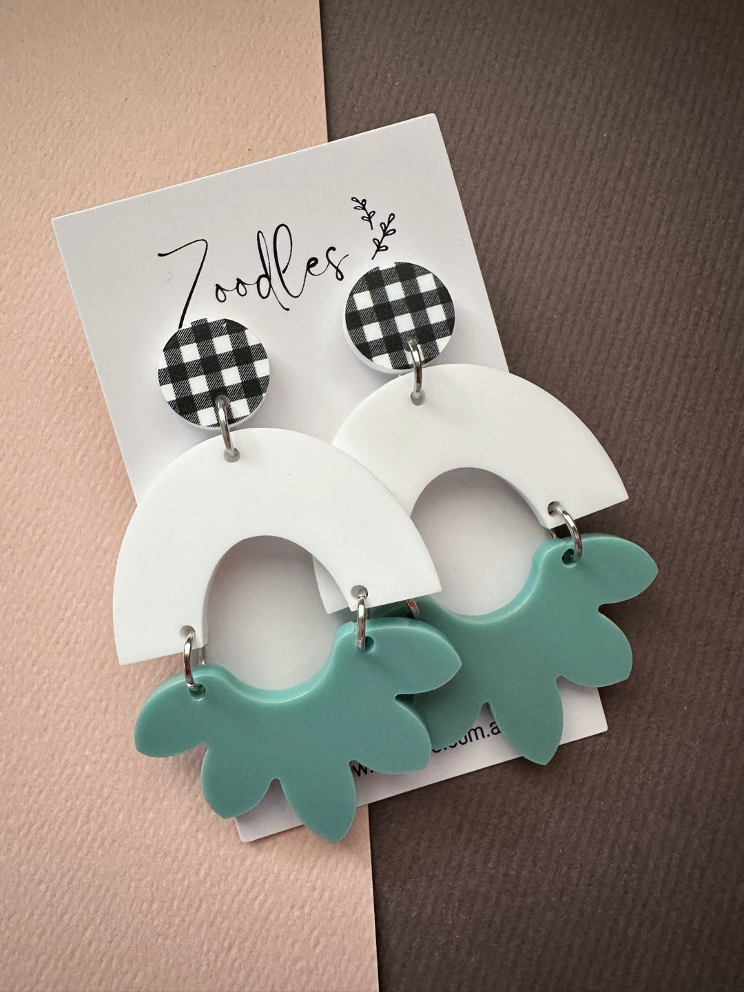 Zoodles Acrylic Statement Dangles - Teal & White Gingham