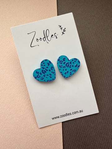 Zoodles Statement Studs - Blue Leopard Hearts