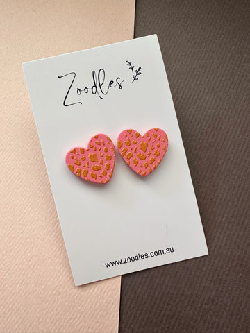 Zoodles Statement Studs - Pink & Orange Leopard Hearts