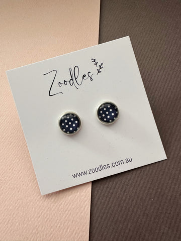 Zoodles Glass Studs - Black & White Polka Dot