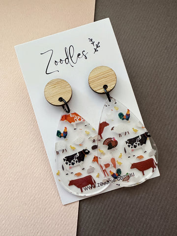 Zoodles Acrylic Dangles - Farm Animal Teardrops