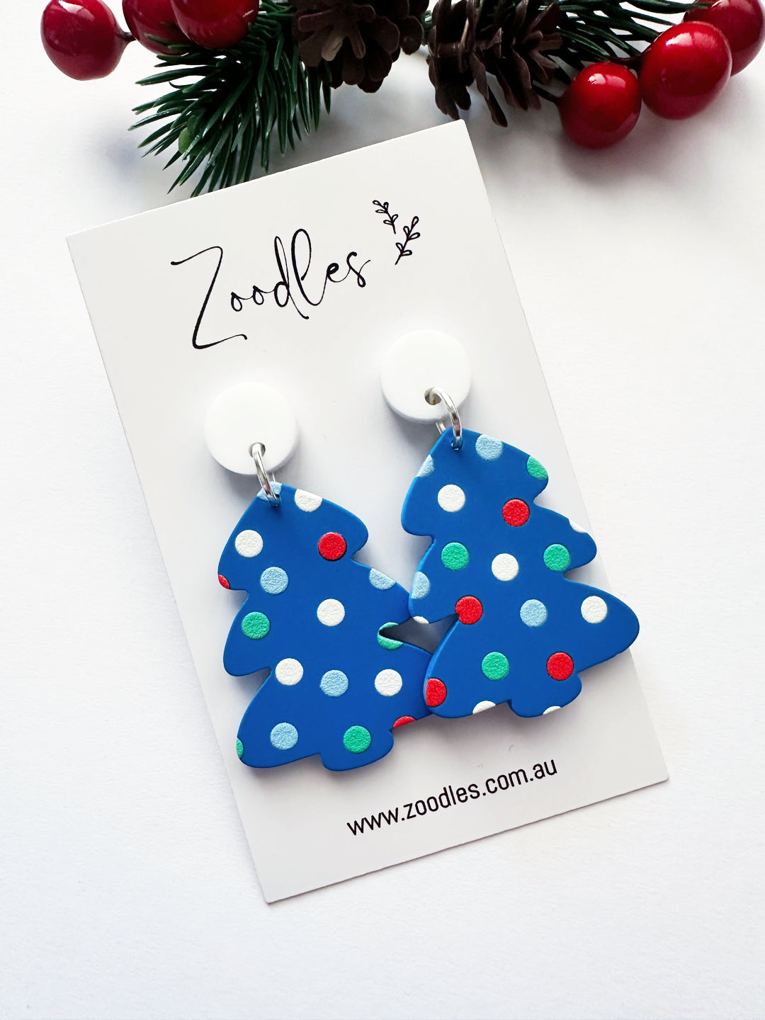 Zoodles Acrylic Dangles - Christmas Tree Blue Polka Dot