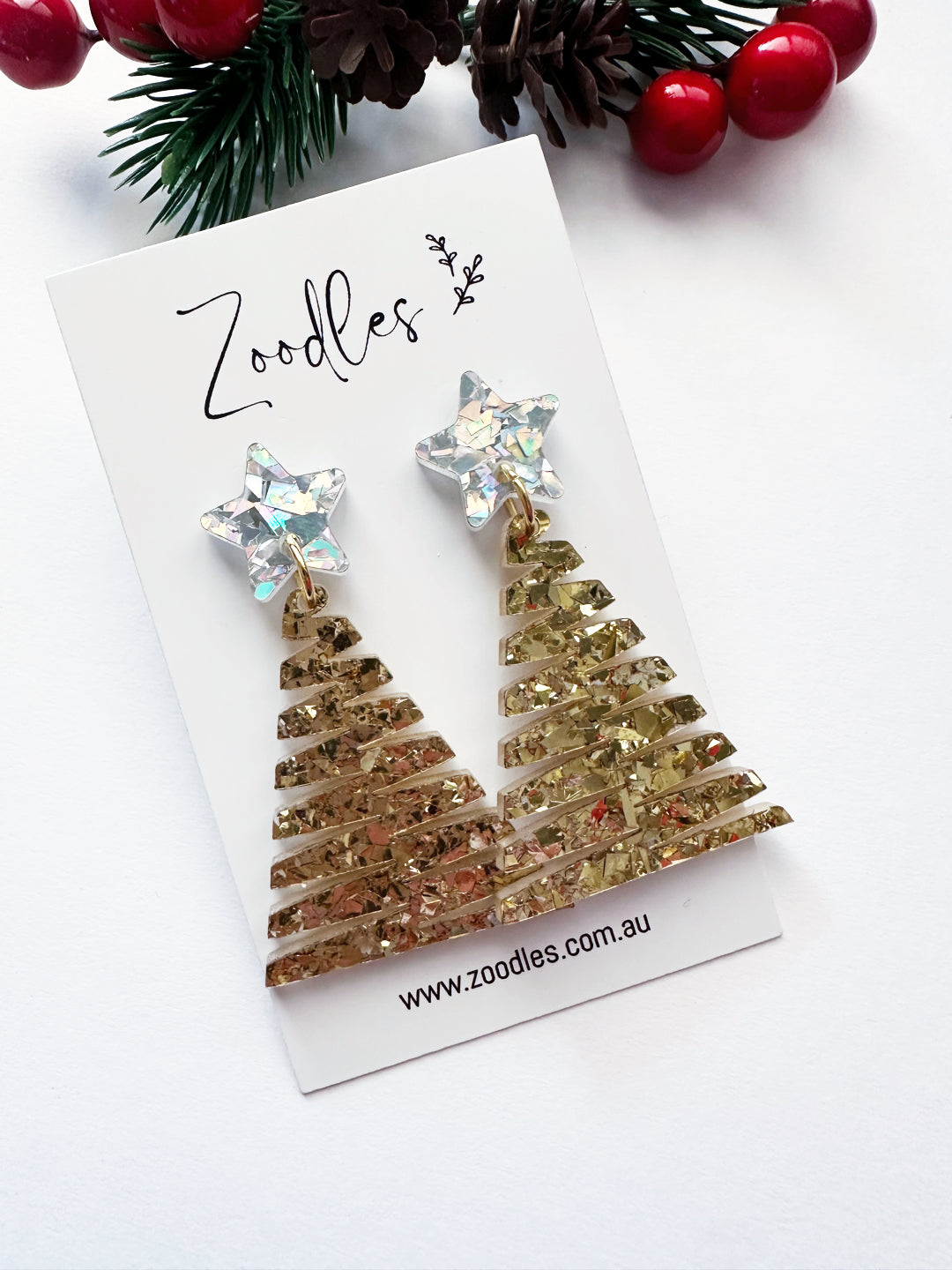 Zoodles Acrylic Dangles - Gold & Silver Zig Zag Christmas Tree