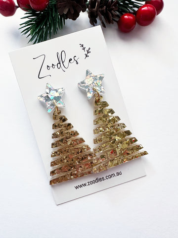 Zoodles Acrylic Dangles - Gold & Silver Zig Zag Christmas Tree