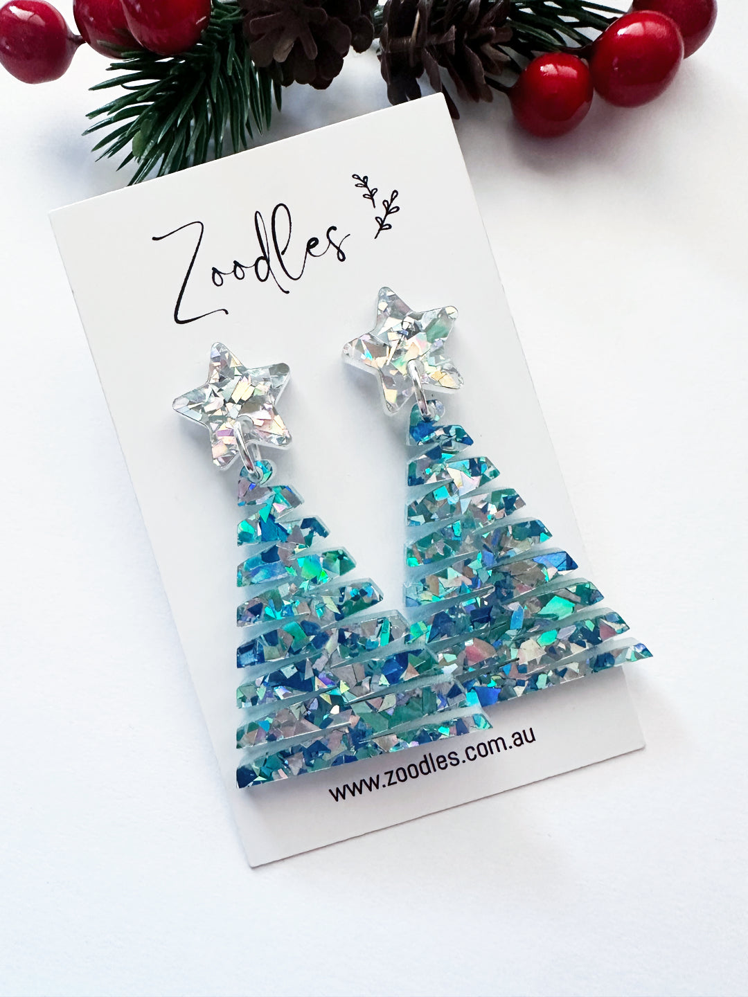 Zoodles Acrylic Dangles - Aqua Zig Zag Christmas Tree