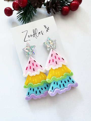 Zoodles Acrylic Statement Dangles - Chunky Pastel Christmas Trees