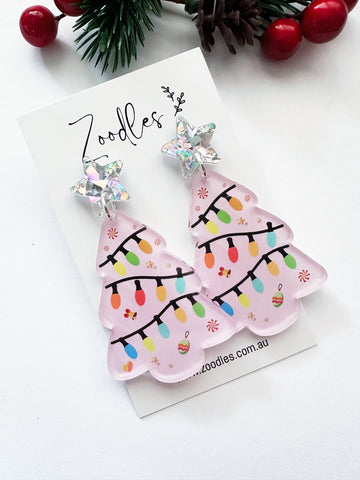 Zoodles Acrylic Statement Dangles - Pink Christmas Tree