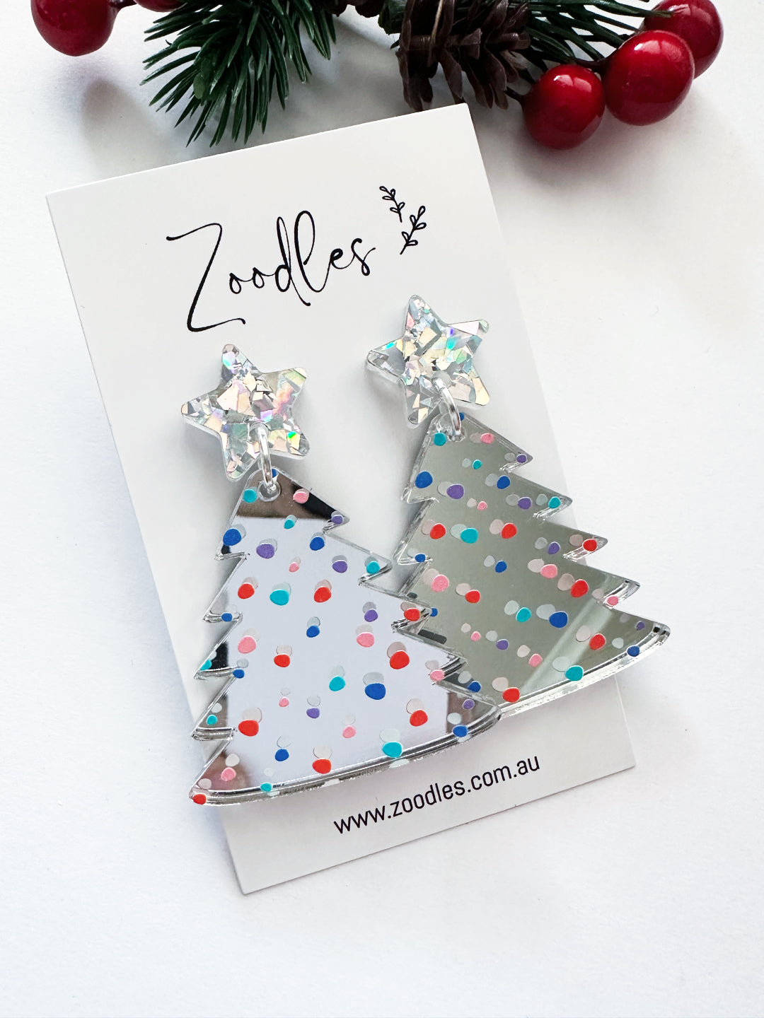 Zoodles Acrylic Dangles - Silver Mirror Party Pines Christmas Tree