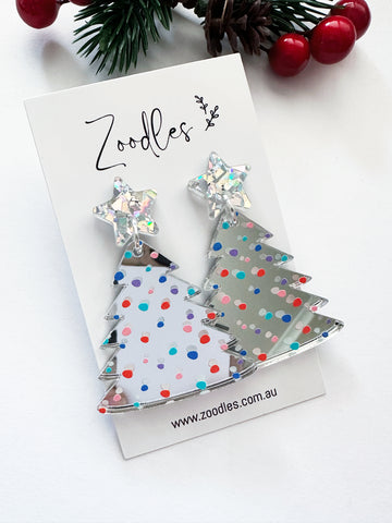 Zoodles Acrylic Dangles - Silver Mirror Party Pines Christmas Tree