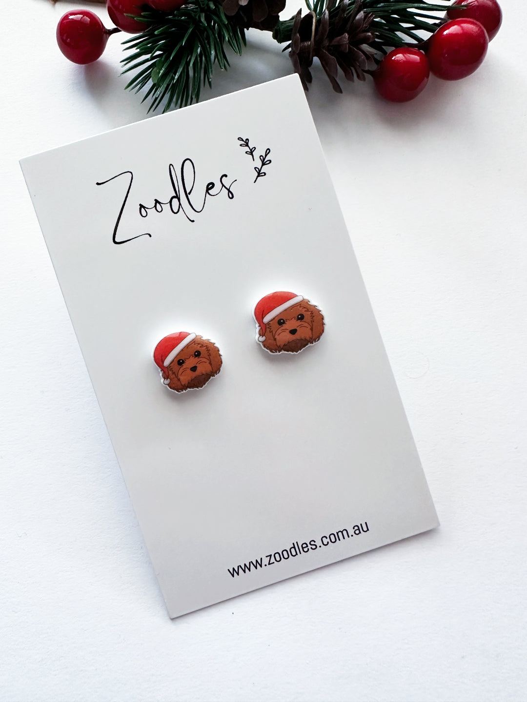 Zoodles Acrylic Mini Studs - Cavoodle in Santa Hat