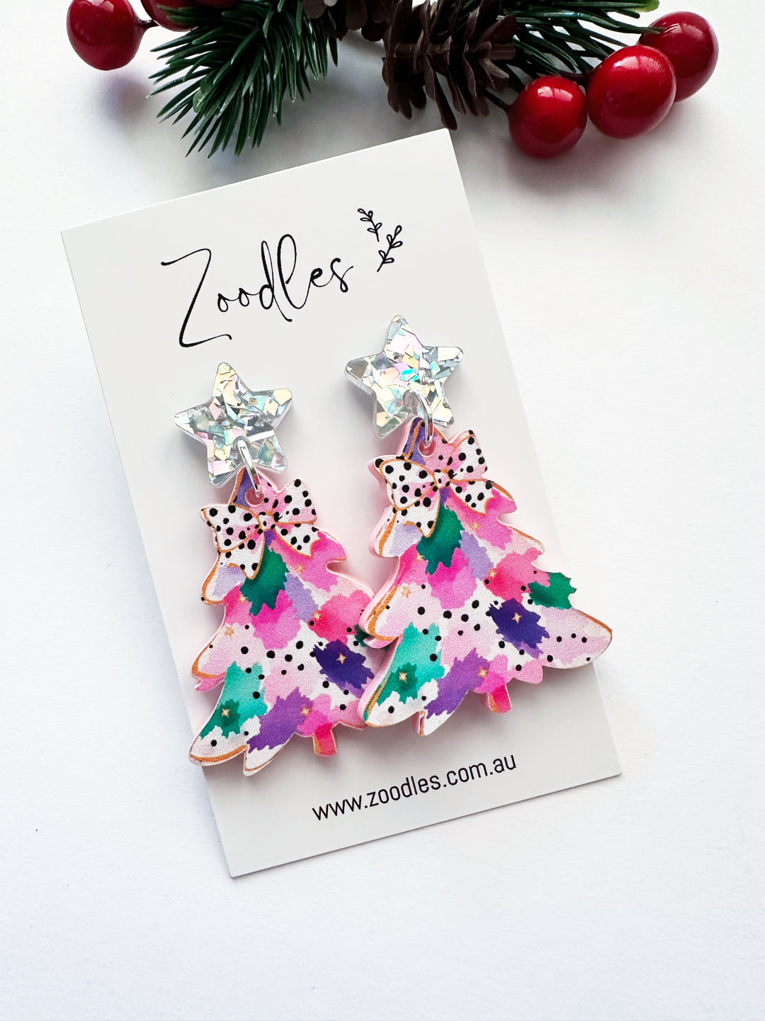 Zoodles Acrylic Dangles - Pink Watercolour Christmas Tree