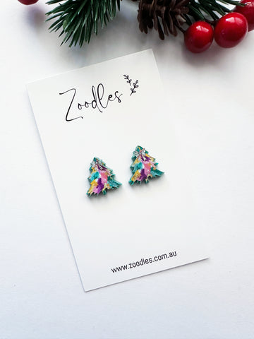 Zoodles Acrylic Green Watercolour Christmas Tree Studs