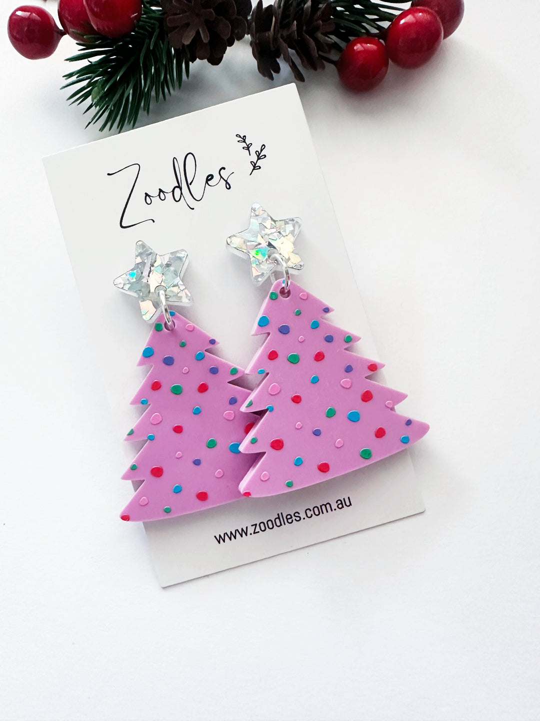 Zoodles Acrylic Dangles - Pink Party Pines Christmas Tree