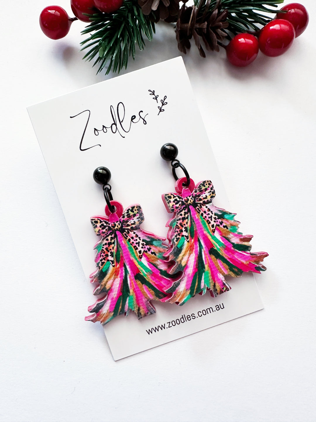 Zoodles Acrylic Dangles -  Christmas Tree Leopard Bow