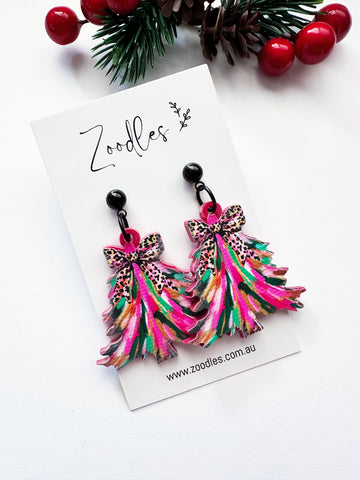 Zoodles Acrylic Dangles -  Christmas Tree Leopard Bow
