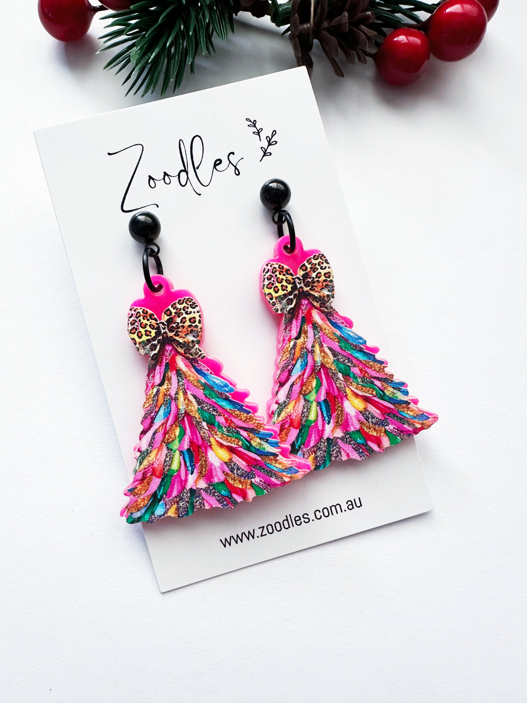 Zoodles Acrylic Dangles -  Rainbow Christmas Tree with Leopard Bow