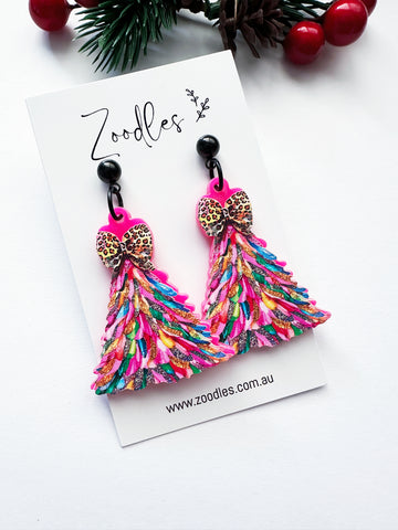Zoodles Acrylic Dangles -  Rainbow Christmas Tree with Leopard Bow