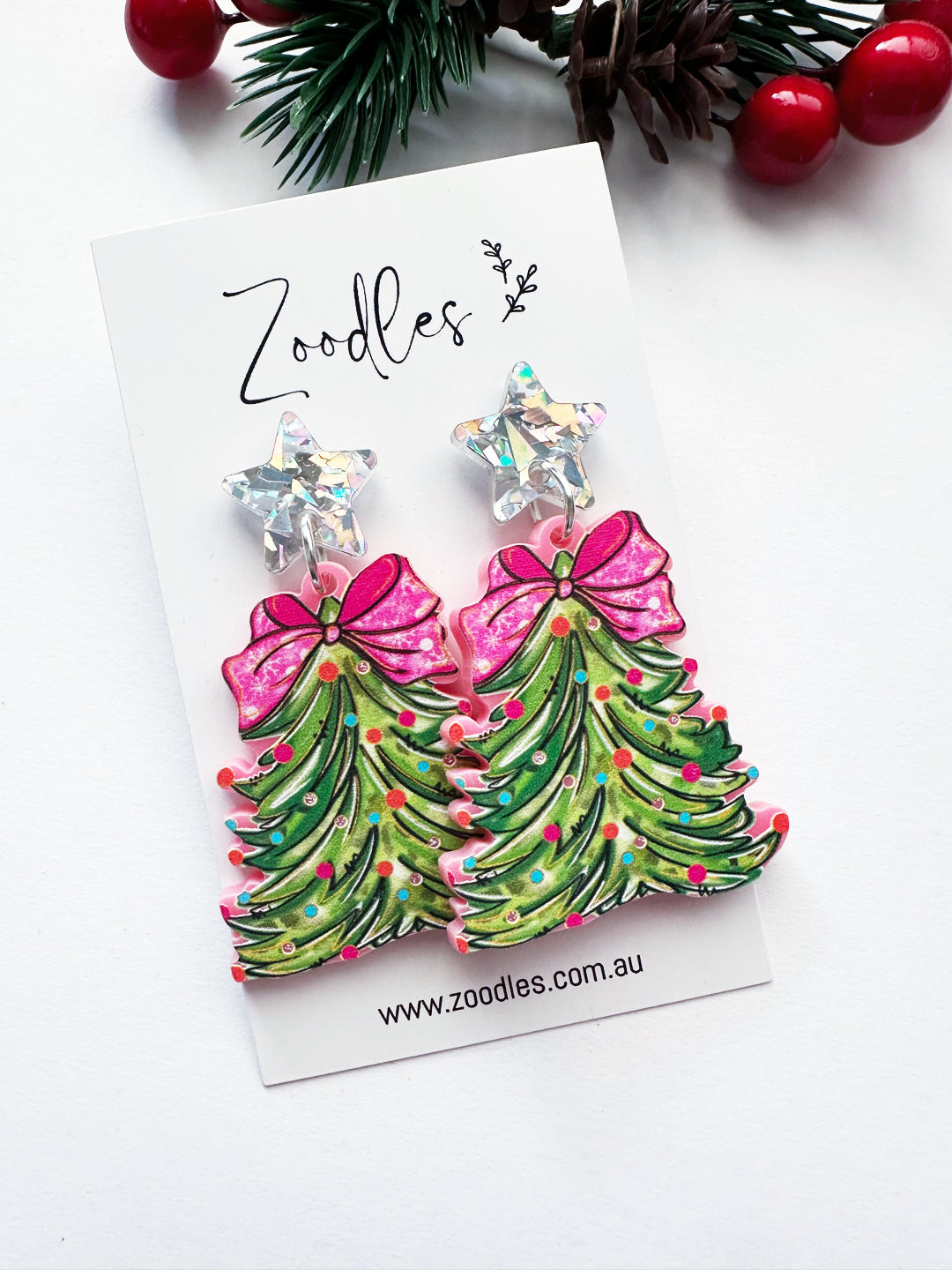 Zoodles Acrylic Dangles -  Christmas Tree with Pink Bow