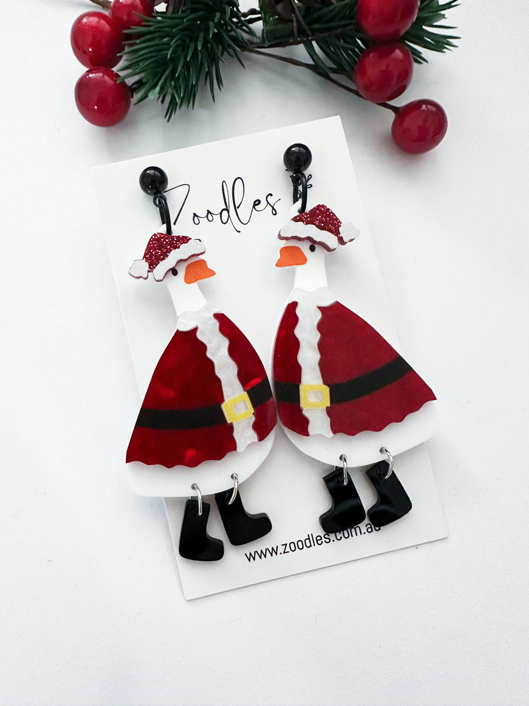 Zoodles Acrylic Statement Dangles - Festive Ducks in Boots